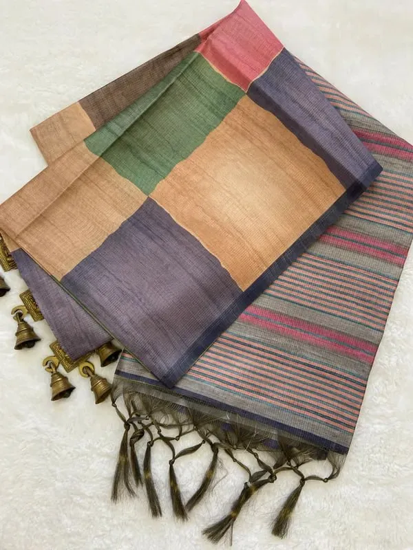 Soft_Tussar_Silk_sarees_with_Beautiful_Digital_Print_With_Attractive_Checks_Design_Saree_And_Digital_Print_Blouse_With_Tassels