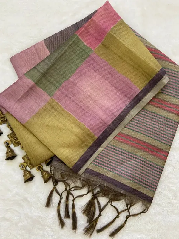 Soft_Tussar_Silk_sarees_with_Beautiful_Digital_Print_With_Attractive_Checks_Design_Saree_And_Digital_Print_Blouse_With_Tassels