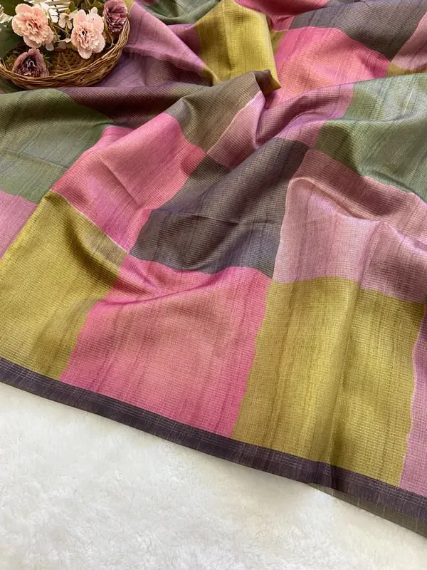 Soft_Tussar_Silk_sarees_with_Beautiful_Digital_Print_With_Attractive_Checks_Design_Saree_And_Digital_Print_Blouse_With_Tassels