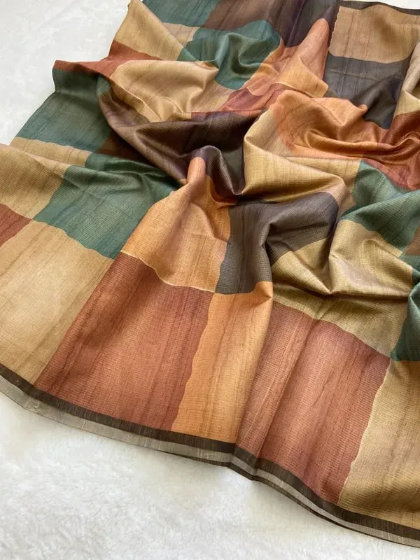 Soft_Tussar_Silk_sarees_with_Beautiful_Digital_Print_With_Attractive_Checks_Design_Saree_And_Digital_Print_Blouse_With_Tassels