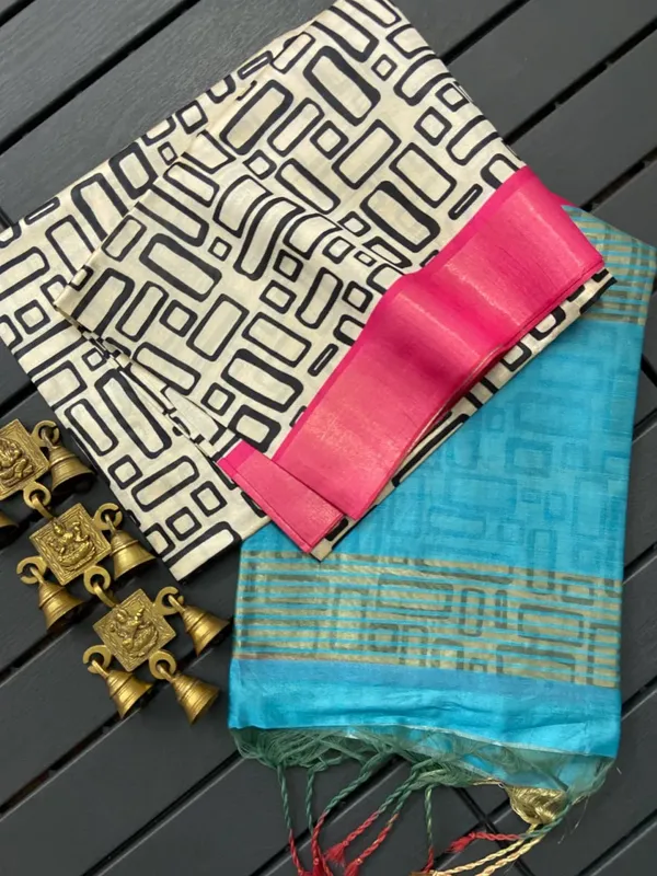 Soft_Tussar_Silk_sarees_with_Beautiful_Digital_Print_With_Attractive_Checks_Design_Saree_And_Digital_Print_Blouse_With_Tassels