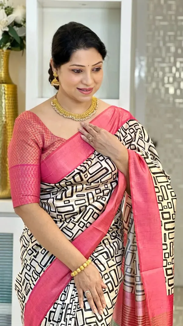 Soft_Tussar_Silk_sarees_with_Beautiful_Digital_Print_With_Attractive_Checks_Design_Saree_And_Digital_Print_Blouse_With_Tassels