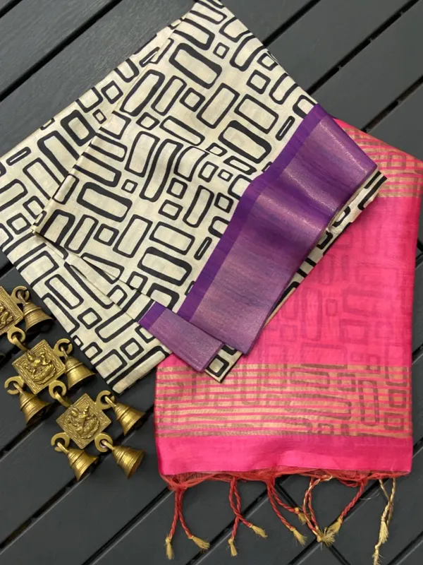 Soft_Tussar_Silk_sarees_with_Beautiful_Digital_Print_With_Attractive_Checks_Design_Saree_And_Digital_Print_Blouse_With_Tassels
