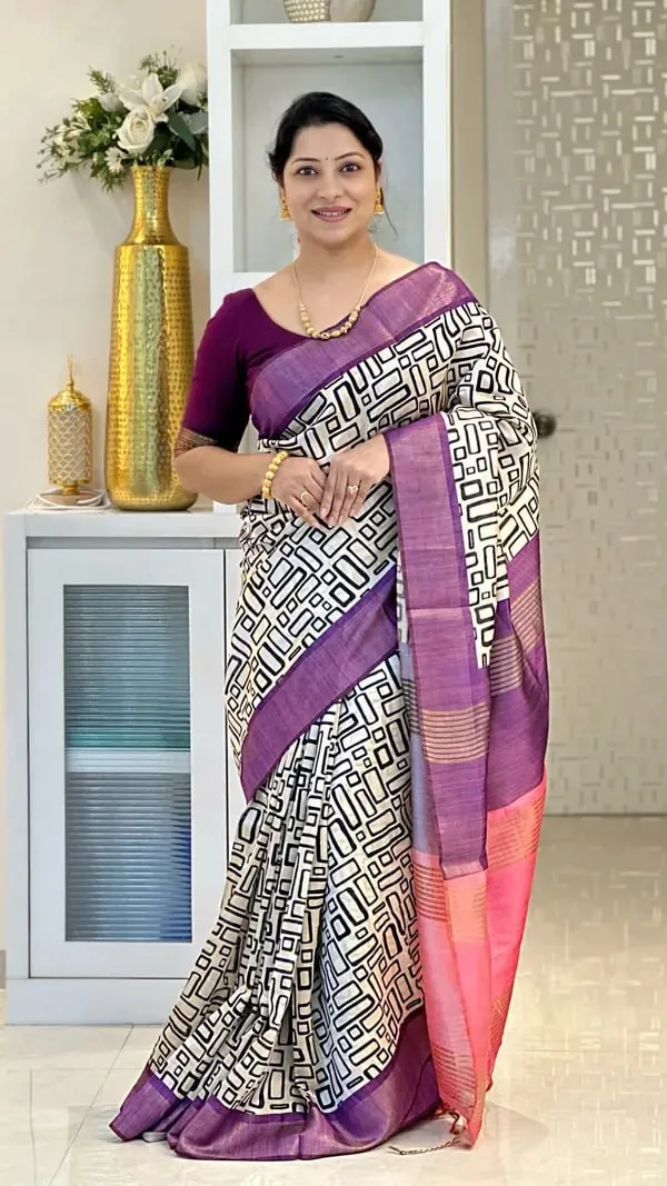 Soft_Tussar_Silk_sarees_with_Beautiful_Digital_Print_With_Attractive_Checks_Design_Saree_And_Digital_Print_Blouse_With_Tassels
