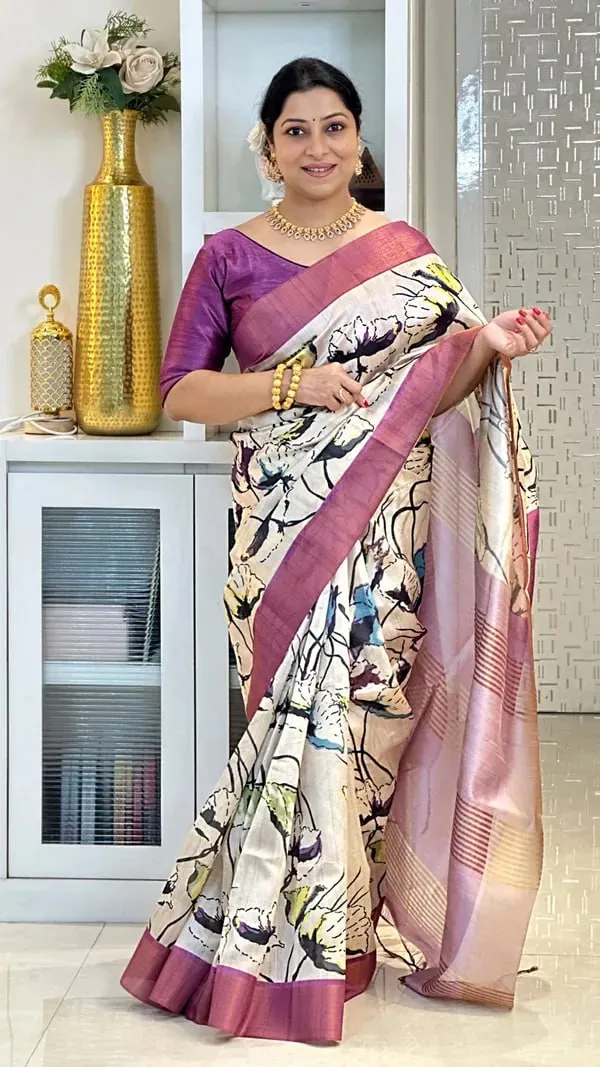 Soft_Tussar_Silk_sarees_with_Beautiful_Digital_Print_With_Attractive_Checks_Design_Saree_And_Digital_Print_Blouse_With_Tassels