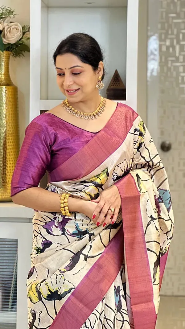 Soft_Tussar_Silk_sarees_with_Beautiful_Digital_Print_With_Attractive_Checks_Design_Saree_And_Digital_Print_Blouse_With_Tassels