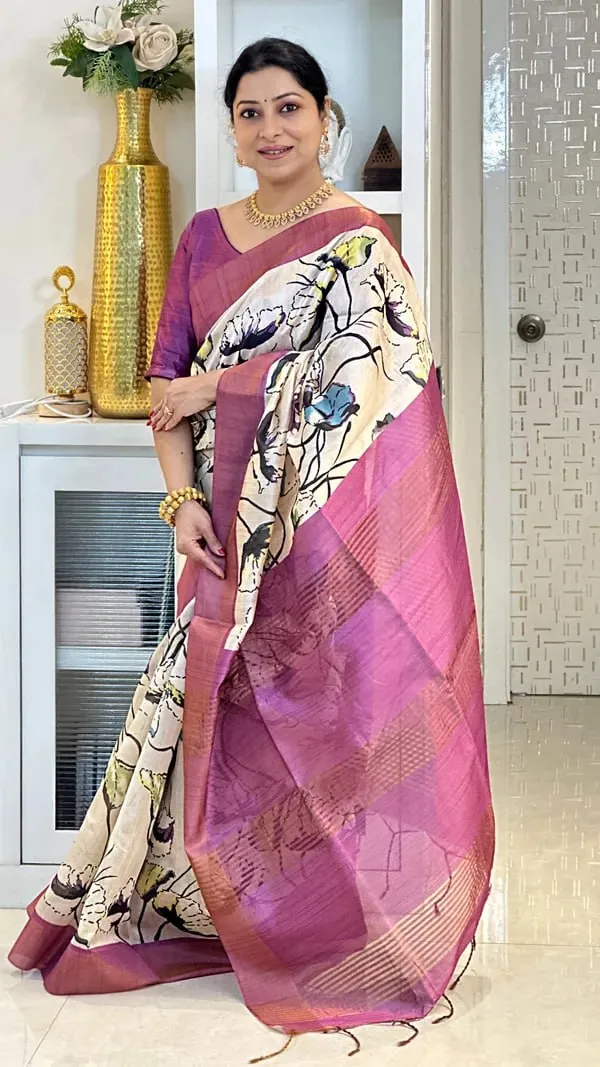 Soft_Tussar_Silk_sarees_with_Beautiful_Digital_Print_With_Attractive_Checks_Design_Saree_And_Digital_Print_Blouse_With_Tassels