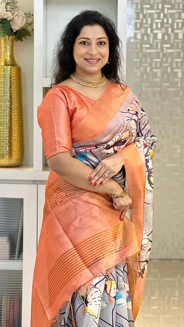 Soft_Tussar_Silk_sarees_with_Beautiful_Digital_Print_With_Attractive_Checks_Design_Saree_And_Digital_Print_Blouse_With_Tassels