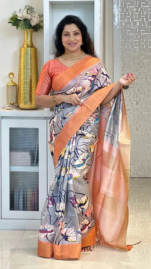 Soft_Tussar_Silk_sarees_with_Beautiful_Digital_Print_With_Attractive_Checks_Design_Saree_And_Digital_Print_Blouse_With_Tassels