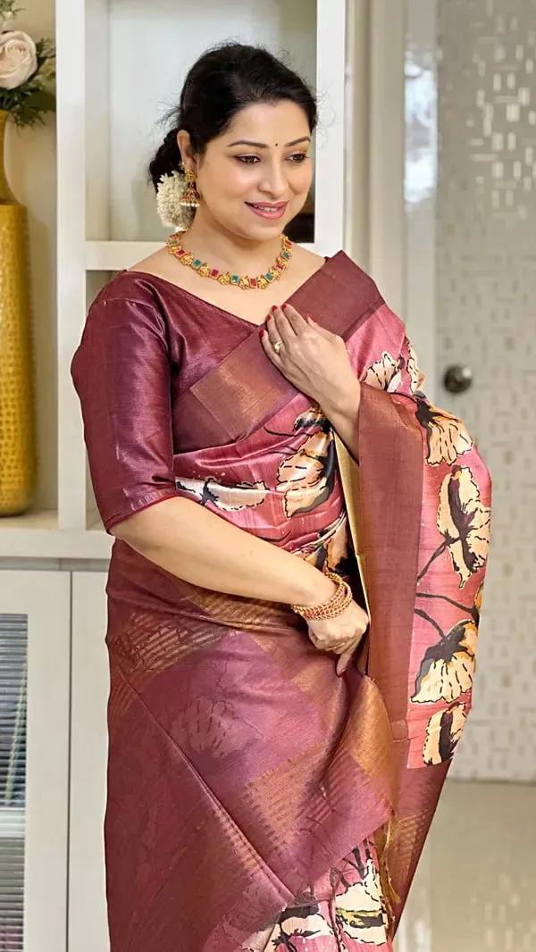 Soft_Tussar_Silk_sarees_with_Beautiful_Digital_Print_With_Attractive_Checks_Design_Saree_And_Digital_Print_Blouse_With_Tassels