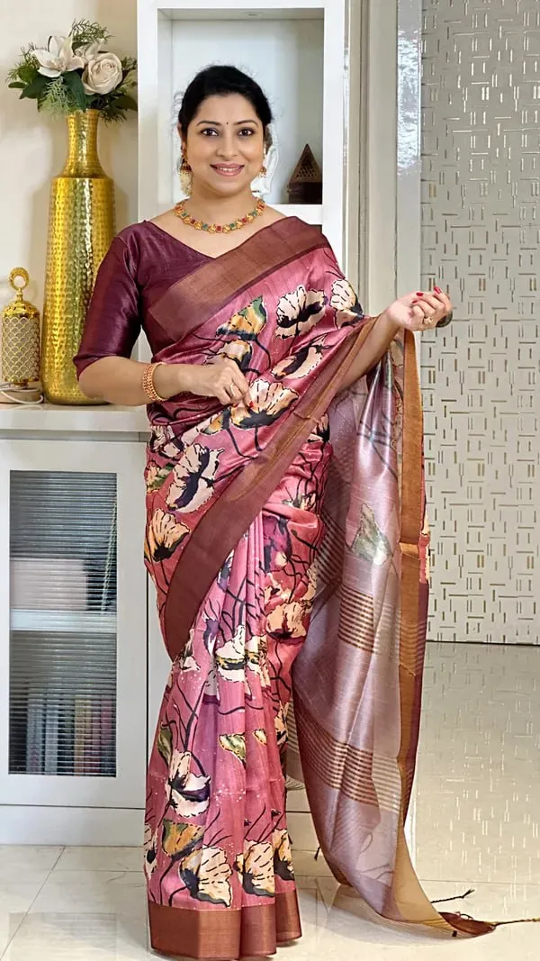 Soft_Tussar_Silk_sarees_with_Beautiful_Digital_Print_With_Attractive_Checks_Design_Saree_And_Digital_Print_Blouse_With_Tassels