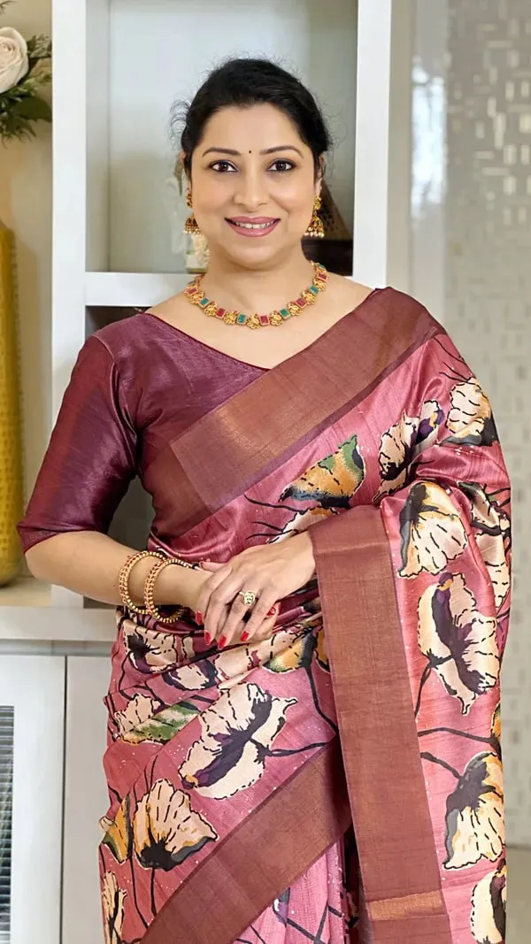 Soft_Tussar_Silk_sarees_with_Beautiful_Digital_Print_With_Attractive_Checks_Design_Saree_And_Digital_Print_Blouse_With_Tassels