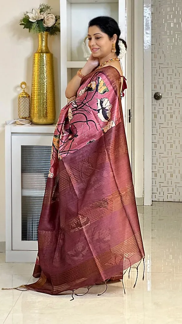 Soft_Tussar_Silk_sarees_with_Beautiful_Digital_Print_With_Attractive_Checks_Design_Saree_And_Digital_Print_Blouse_With_Tassels