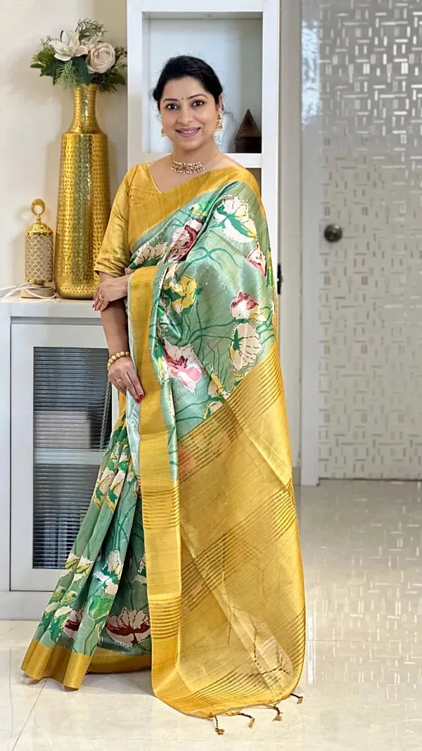 Soft_Tussar_Silk_sarees_with_Beautiful_Digital_Print_With_Attractive_Checks_Design_Saree_And_Digital_Print_Blouse_With_Tassels