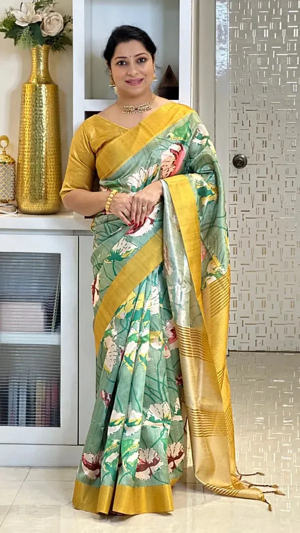 Soft_Tussar_Silk_sarees_with_Beautiful_Digital_Print_With_Attractive_Checks_Design_Saree_And_Digital_Print_Blouse_With_Tassels