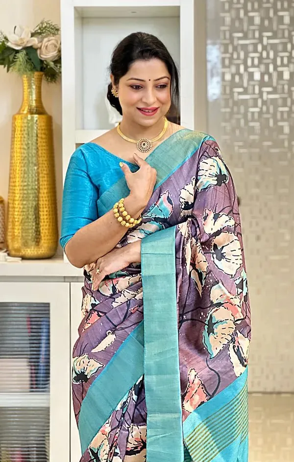 Soft_Tussar_Silk_sarees_with_Beautiful_Digital_Print_With_Attractive_Checks_Design_Saree_And_Digital_Print_Blouse_With_Tassels