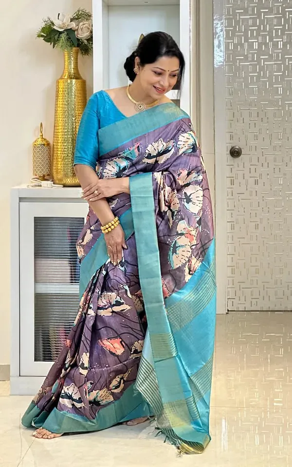 Soft_Tussar_Silk_sarees_with_Beautiful_Digital_Print_With_Attractive_Checks_Design_Saree_And_Digital_Print_Blouse_With_Tassels