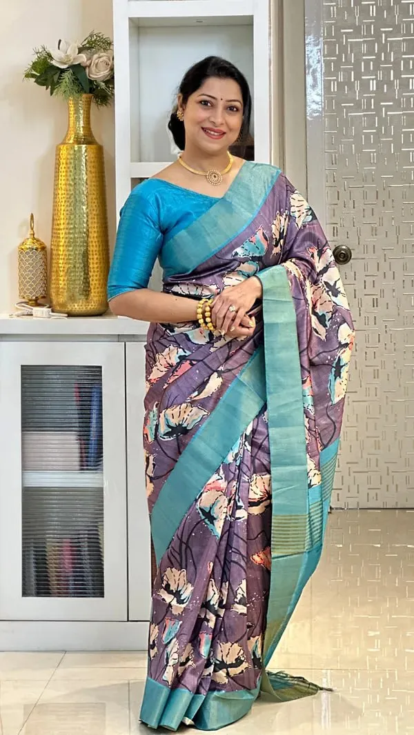 Soft_Tussar_Silk_sarees_with_Beautiful_Digital_Print_With_Attractive_Checks_Design_Saree_And_Digital_Print_Blouse_With_Tassels