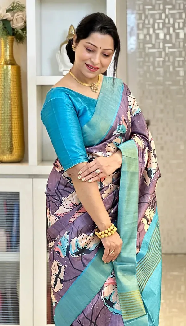 Soft_Tussar_Silk_sarees_with_Beautiful_Digital_Print_With_Attractive_Checks_Design_Saree_And_Digital_Print_Blouse_With_Tassels
