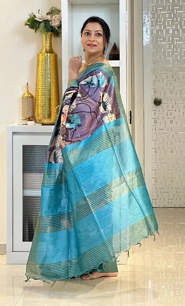 Soft_Tussar_Silk_sarees_with_Beautiful_Digital_Print_With_Attractive_Checks_Design_Saree_And_Digital_Print_Blouse_With_Tassels