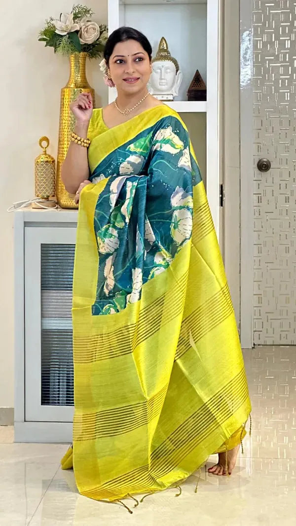 Soft_Tussar_Silk_sarees_with_Beautiful_Digital_Print_With_Attractive_Checks_Design_Saree_And_Digital_Print_Blouse_With_Tassels