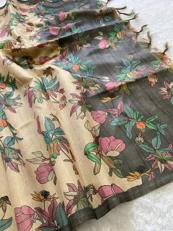 Soft_Tussar_Silk_sarees_with_Beautiful_Digital_Print_With_Attractive_Checks_Design_Saree_And_Digital_Print_Blouse_With_Tassels