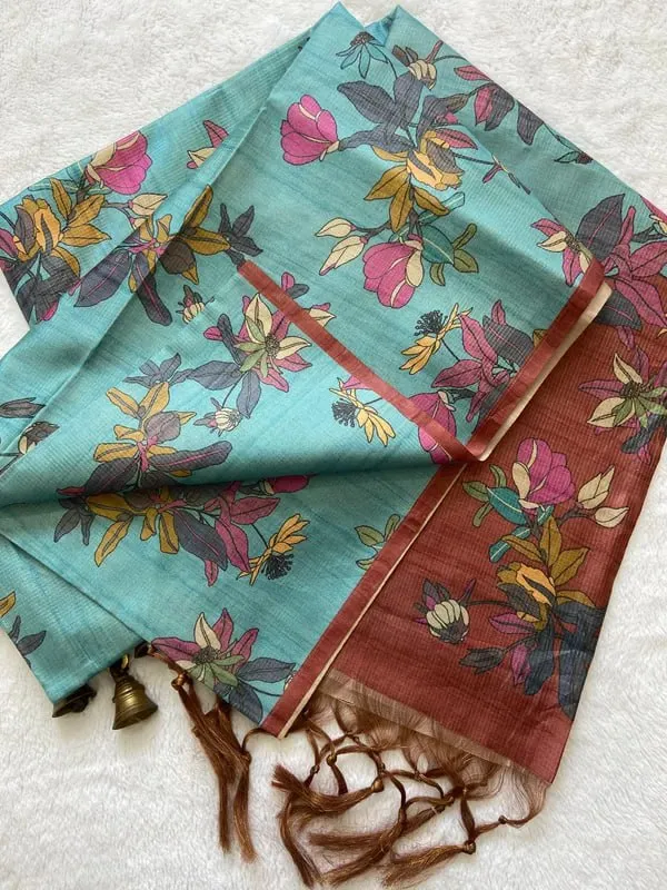 Soft_Tussar_Silk_sarees_with_Beautiful_Digital_Print_With_Attractive_Checks_Design_Saree_And_Digital_Print_Blouse_With_Tassels
