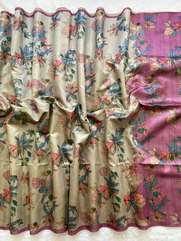 Soft_Tussar_Silk_sarees_with_Beautiful_Digital_Print_With_Attractive_Checks_Design_Saree_And_Digital_Print_Blouse_With_Tassels