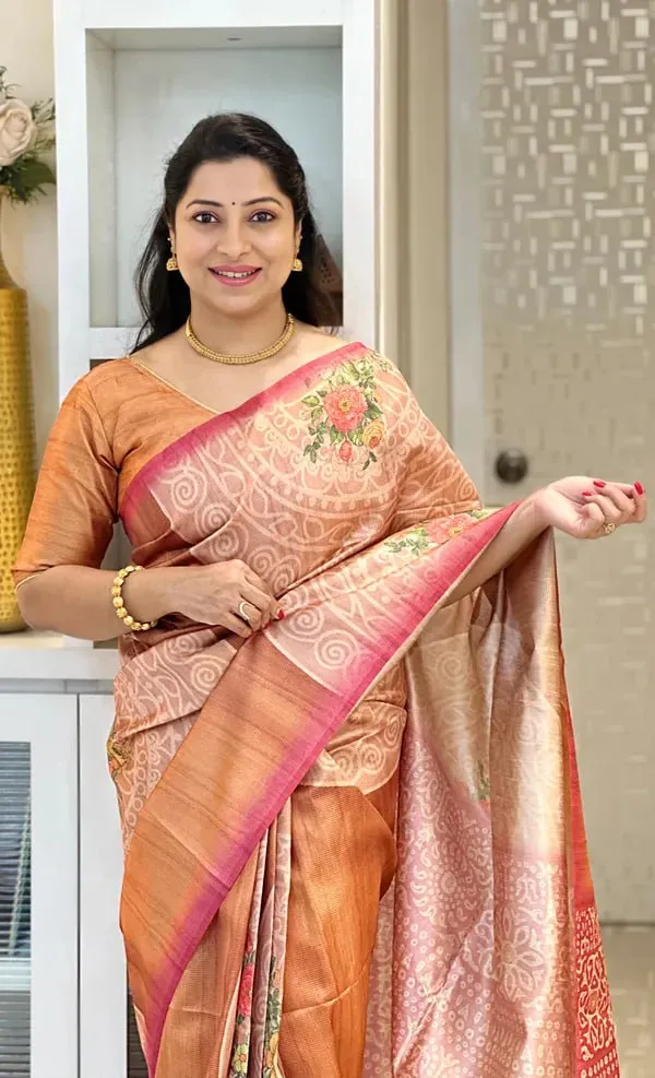 Soft_Tussar_Silk_sarees_with_Beautiful_Digital_Print_With_Attractive_Checks_Design_Saree_And_Digital_Print_Blouse_With_Tassels