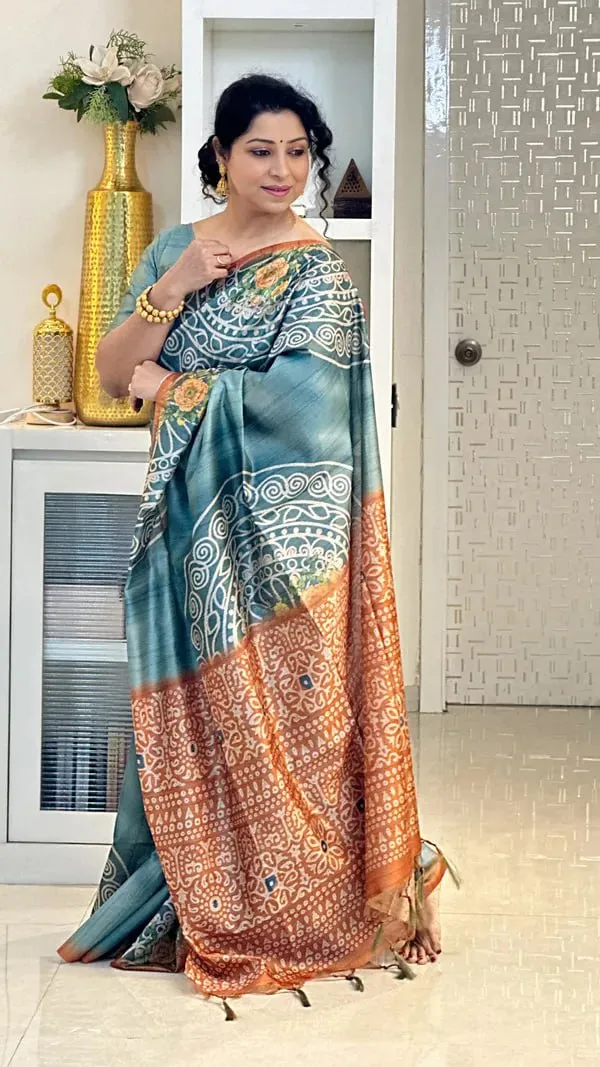 Soft_Tussar_Silk_sarees_with_Beautiful_Digital_Print_With_Attractive_Checks_Design_Saree_And_Digital_Print_Blouse_With_Tassels