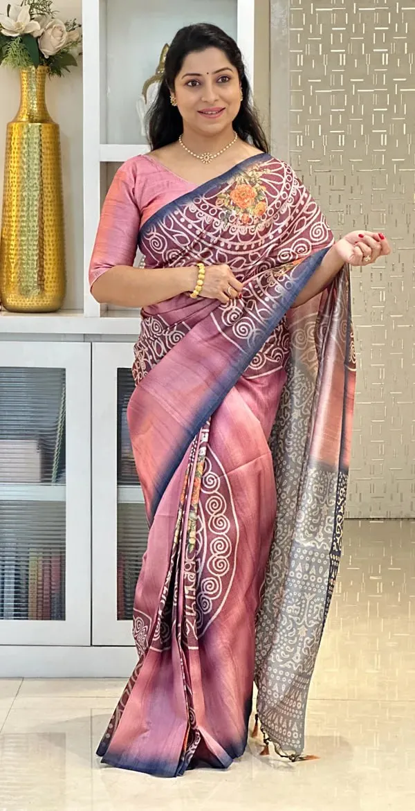 Soft_Tussar_Silk_sarees_with_Beautiful_Digital_Print_With_Attractive_Checks_Design_Saree_And_Digital_Print_Blouse_With_Tassels