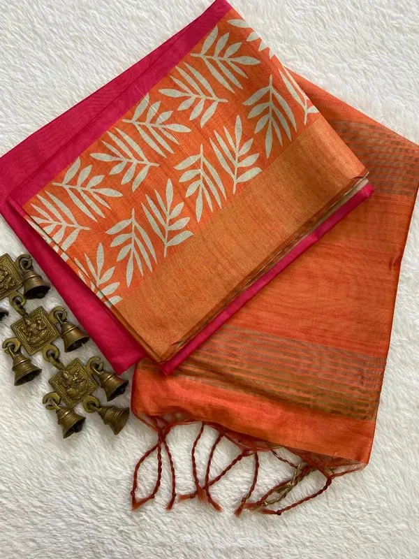 Soft_Tussar_Silk_sarees_with_Beautiful_Digital_Print_With_Attractive_Checks_Design_Saree_And_Digital_Print_Blouse_With_Tassels