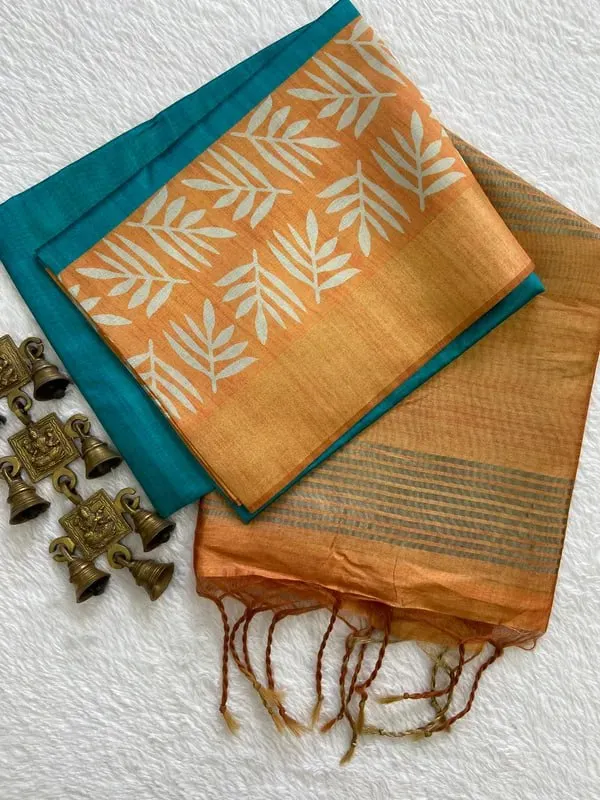 Soft_Tussar_Silk_sarees_with_Beautiful_Digital_Print_With_Attractive_Checks_Design_Saree_And_Digital_Print_Blouse_With_Tassels