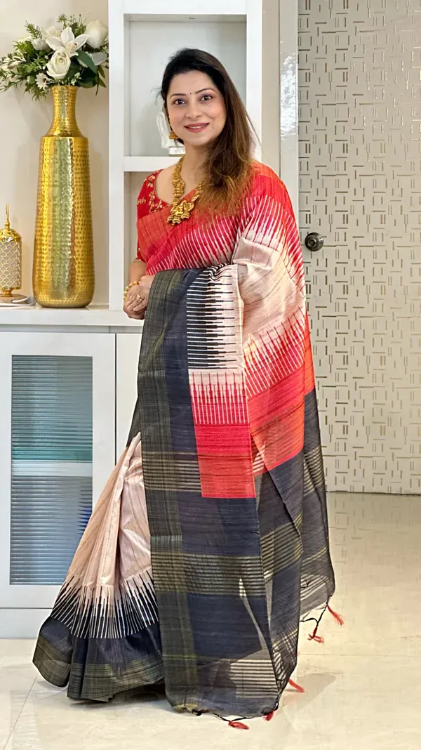Soft_Tussar_Silk_sarees_with_Beautiful_Digital_Print_With_Attractive_Checks_Design_Saree_And_Digital_Print_Blouse_With_Tassels
