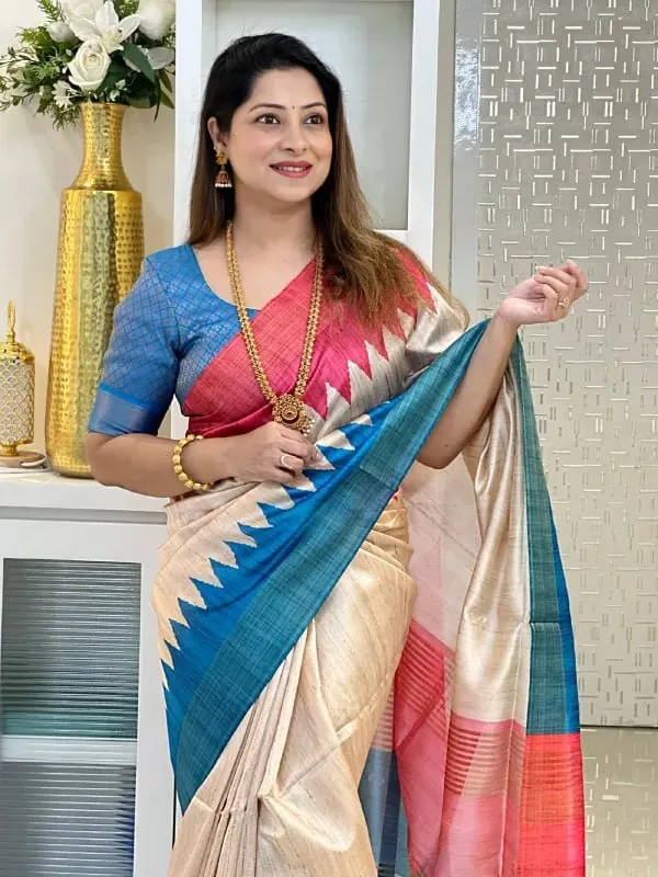 Soft_Tussar_Silk_sarees_with_Beautiful_Digital_Print_With_Attractive_Checks_Design_Saree_And_Digital_Print_Blouse_With_Tassels
