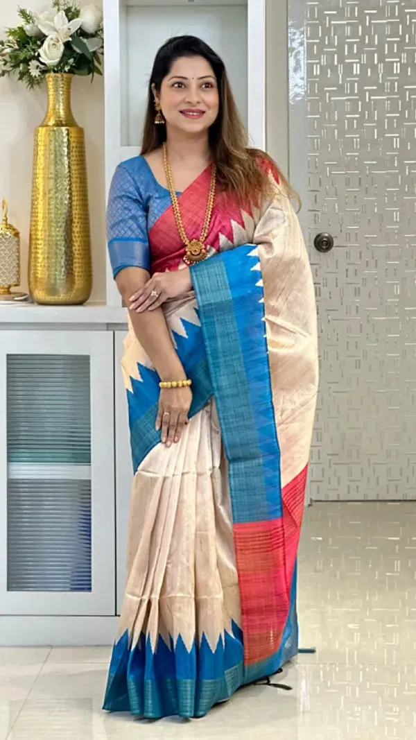 Soft_Tussar_Silk_sarees_with_Beautiful_Digital_Print_With_Attractive_Checks_Design_Saree_And_Digital_Print_Blouse_With_Tassels