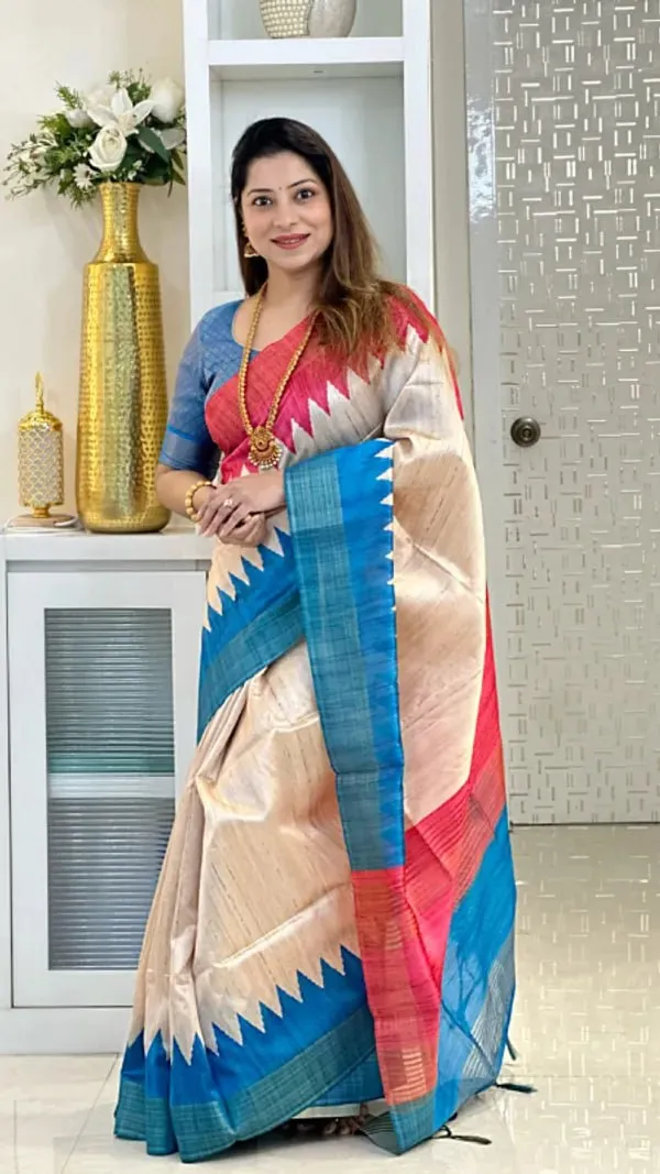 Soft_Tussar_Silk_sarees_with_Beautiful_Digital_Print_With_Attractive_Checks_Design_Saree_And_Digital_Print_Blouse_With_Tassels