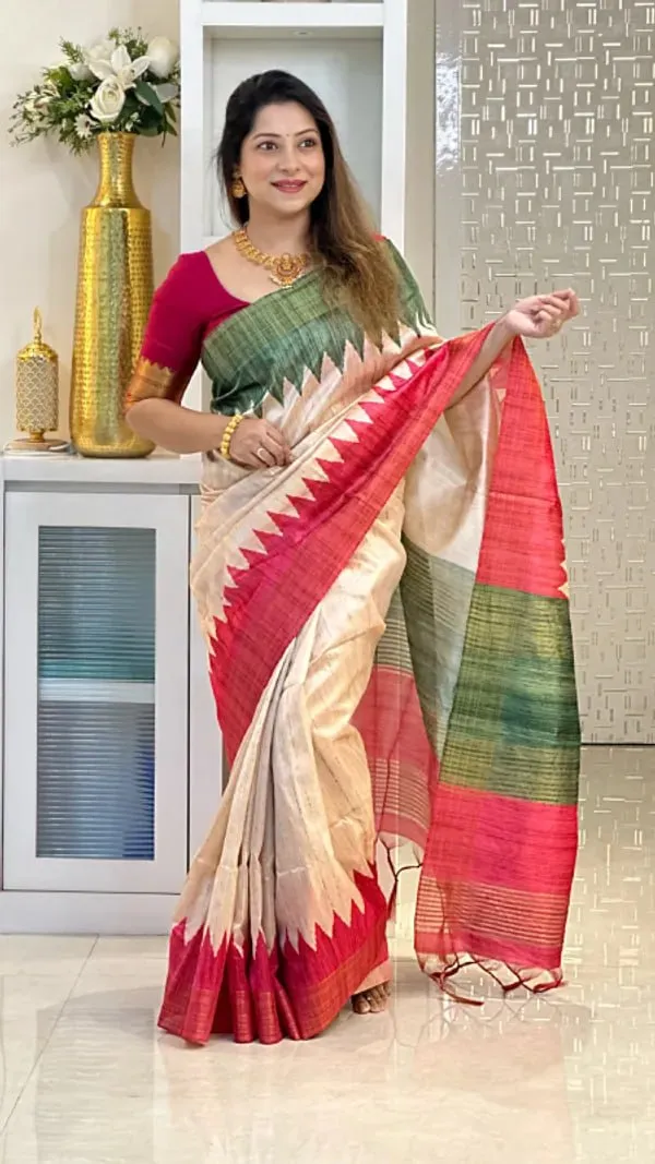 Soft_Tussar_Silk_sarees_with_Beautiful_Digital_Print_With_Attractive_Checks_Design_Saree_And_Digital_Print_Blouse_With_Tassels