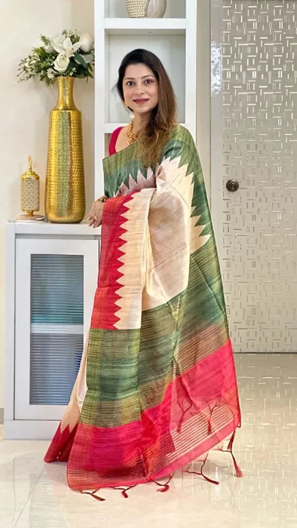 Soft_Tussar_Silk_sarees_with_Beautiful_Digital_Print_With_Attractive_Checks_Design_Saree_And_Digital_Print_Blouse_With_Tassels
