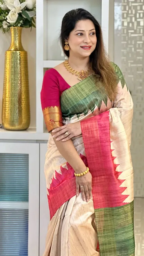 Soft_Tussar_Silk_sarees_with_Beautiful_Digital_Print_With_Attractive_Checks_Design_Saree_And_Digital_Print_Blouse_With_Tassels