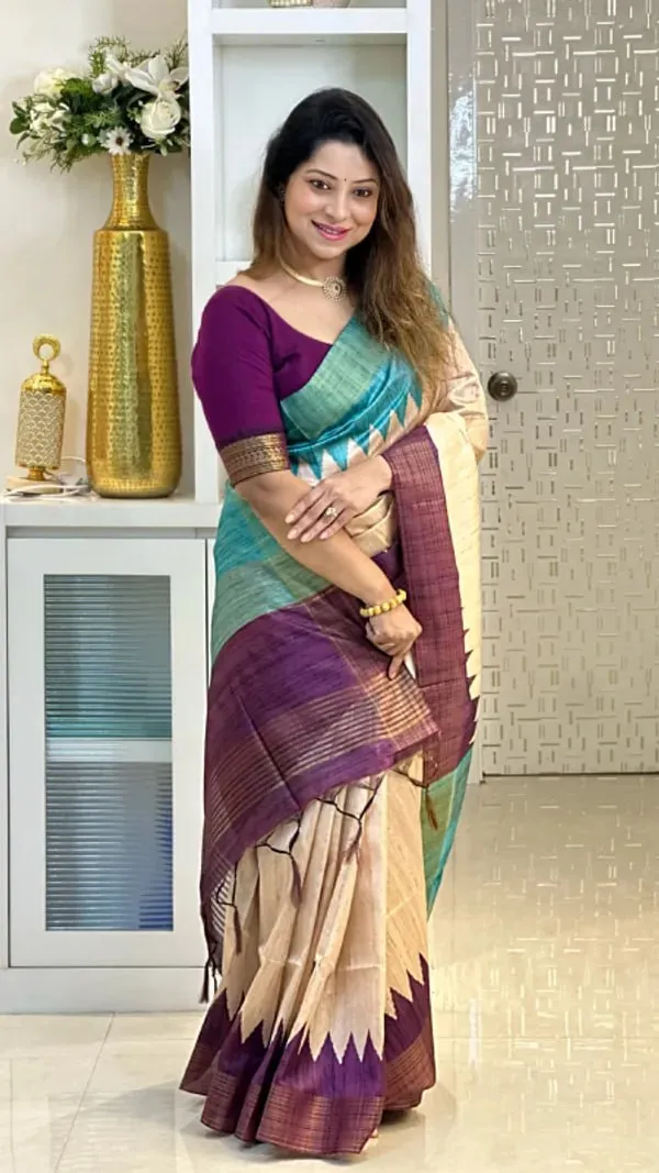 Soft_Tussar_Silk_sarees_with_Beautiful_Digital_Print_With_Attractive_Checks_Design_Saree_And_Digital_Print_Blouse_With_Tassels