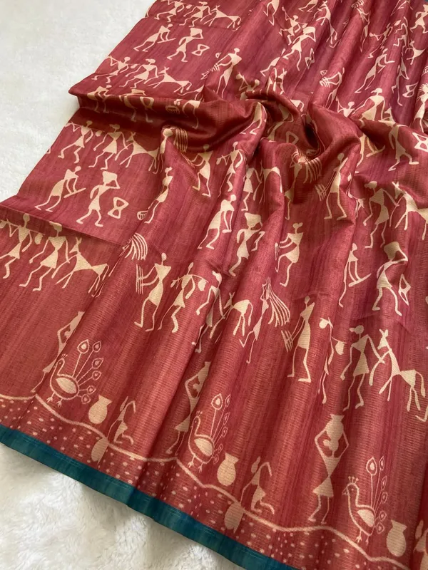 Soft_Tussar_Silk_sarees_with_Beautiful_Digital_Print_With_Attractive_Checks_Design_Saree_And_Digital_Print_Blouse_With_Tassels