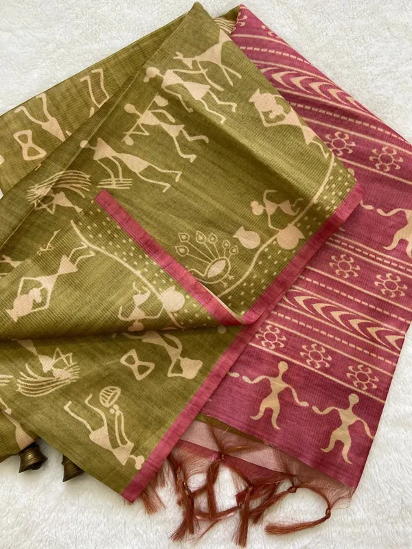 Soft_Tussar_Silk_sarees_with_Beautiful_Digital_Print_With_Attractive_Checks_Design_Saree_And_Digital_Print_Blouse_With_Tassels
