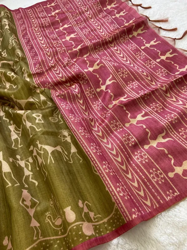 Soft_Tussar_Silk_sarees_with_Beautiful_Digital_Print_With_Attractive_Checks_Design_Saree_And_Digital_Print_Blouse_With_Tassels