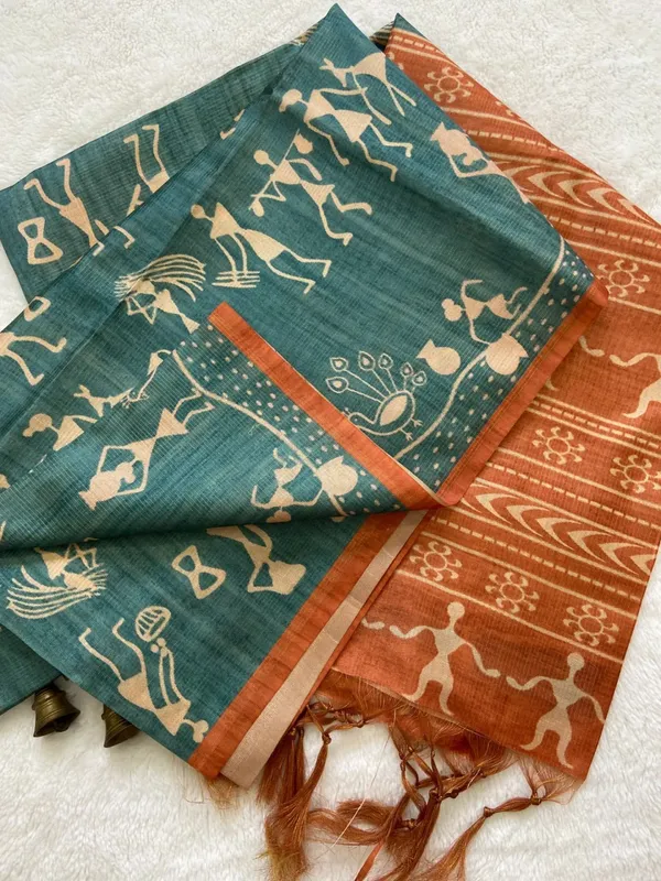Soft_Tussar_Silk_sarees_with_Beautiful_Digital_Print_With_Attractive_Checks_Design_Saree_And_Digital_Print_Blouse_With_Tassels