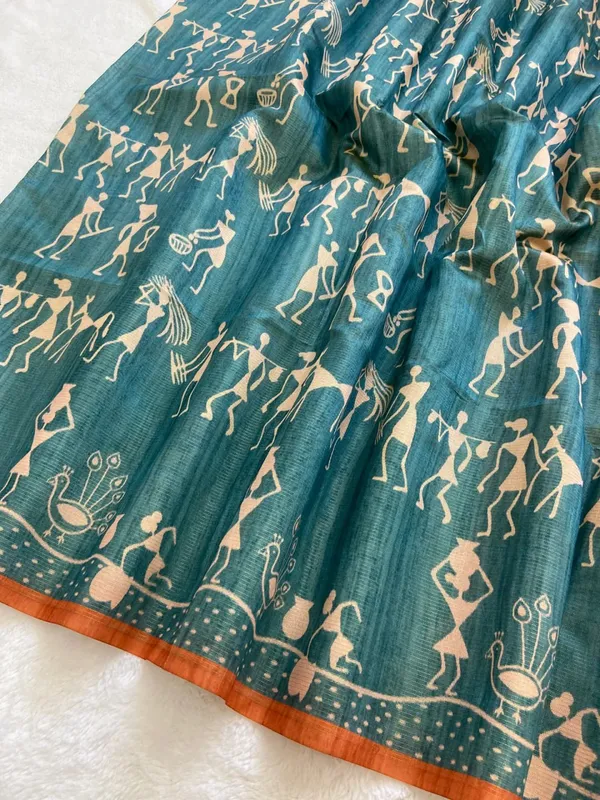 Soft_Tussar_Silk_sarees_with_Beautiful_Digital_Print_With_Attractive_Checks_Design_Saree_And_Digital_Print_Blouse_With_Tassels