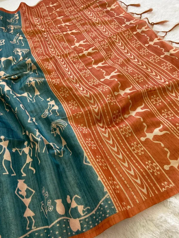Soft_Tussar_Silk_sarees_with_Beautiful_Digital_Print_With_Attractive_Checks_Design_Saree_And_Digital_Print_Blouse_With_Tassels
