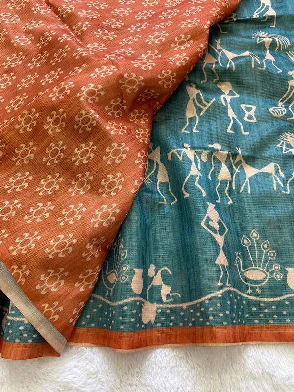 Soft_Tussar_Silk_sarees_with_Beautiful_Digital_Print_With_Attractive_Checks_Design_Saree_And_Digital_Print_Blouse_With_Tassels