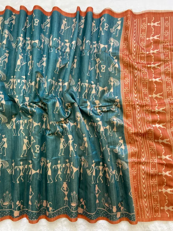 Soft_Tussar_Silk_sarees_with_Beautiful_Digital_Print_With_Attractive_Checks_Design_Saree_And_Digital_Print_Blouse_With_Tassels