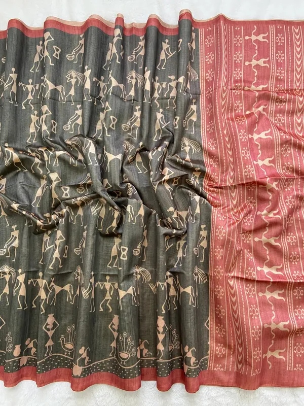 Soft_Tussar_Silk_sarees_with_Beautiful_Digital_Print_With_Attractive_Checks_Design_Saree_And_Digital_Print_Blouse_With_Tassels
